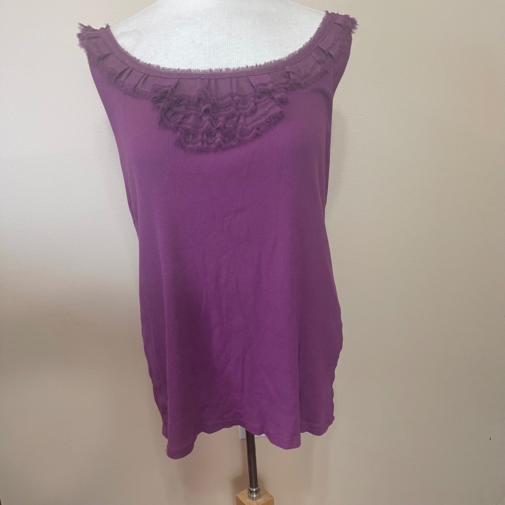 Ann Taylor Loft Purple Ruffle Ribbed Cotton Tank Top XL Scoop Neck Sleeveless